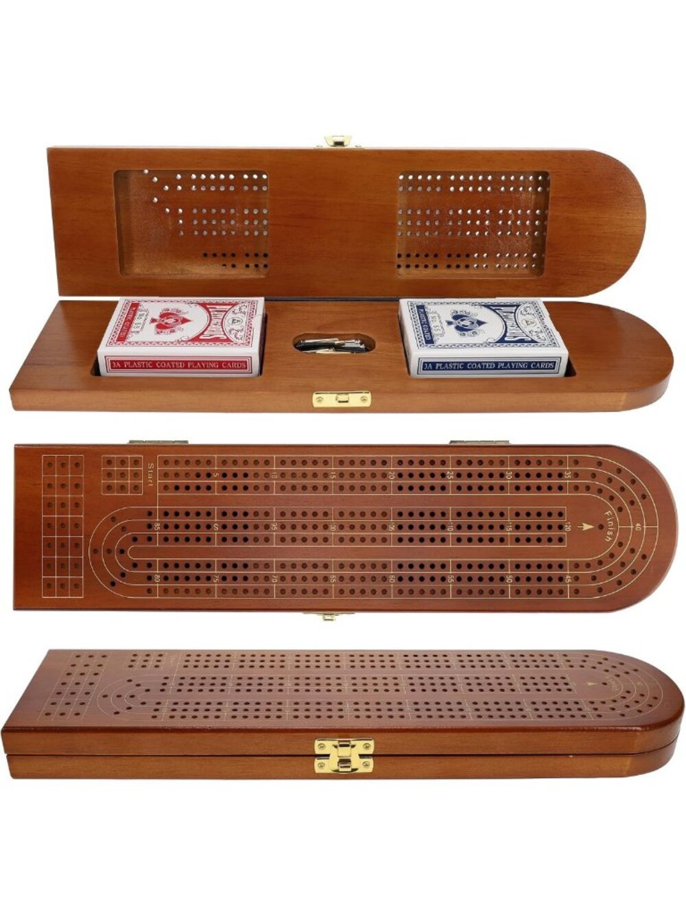 Wooden Cribbage Board Game Set - Walnut Stained, 3 Track, Card Storage for 2-3
